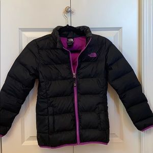 Black and Magenta North Face Puffy Jacket